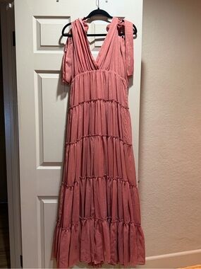 Women's Rust Tiered Maxi Dress - V-Neck, Sparkle Detail.